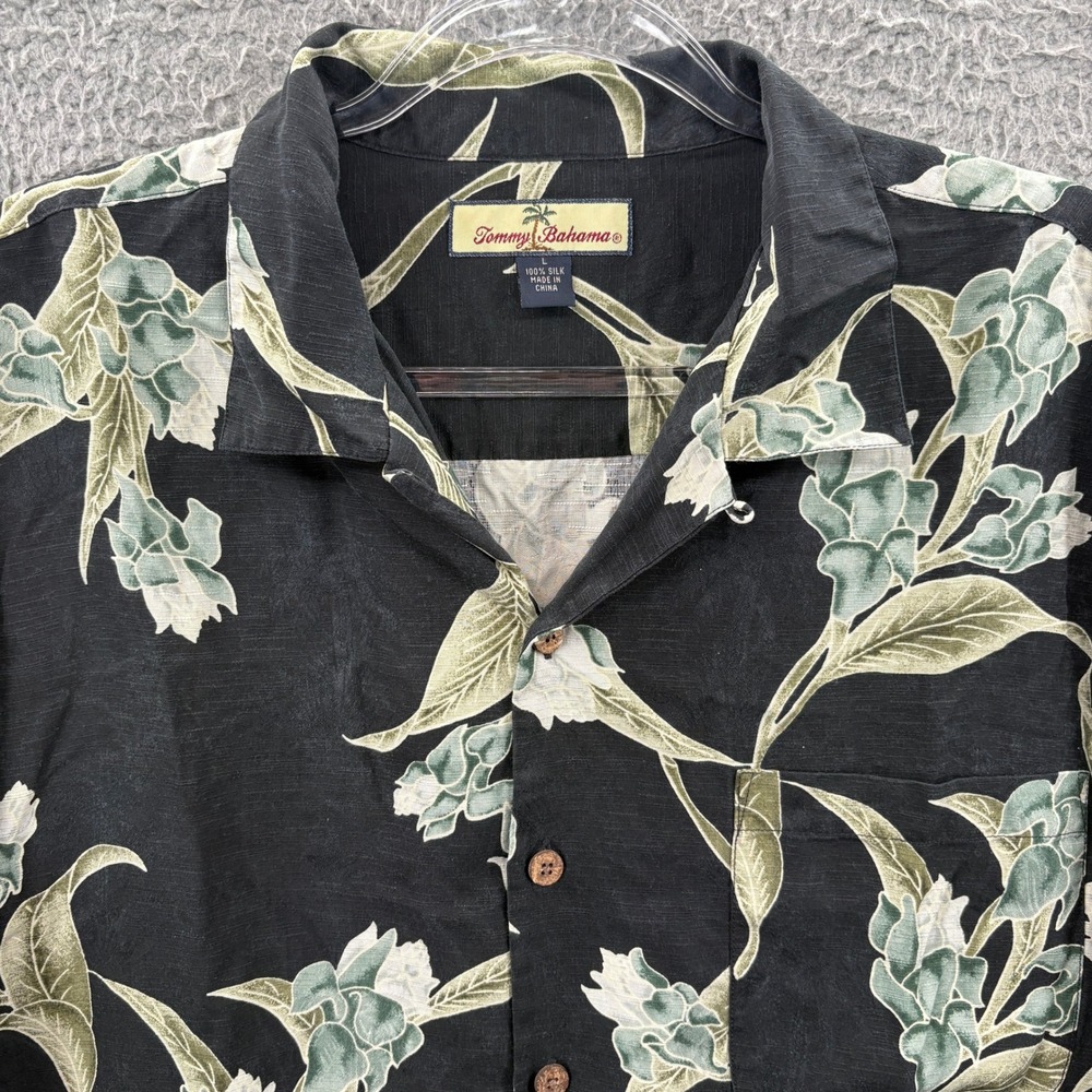 Tommy Bahama Shirt Mens Large Black Floral Silk Short Sleeve Camp Button Up